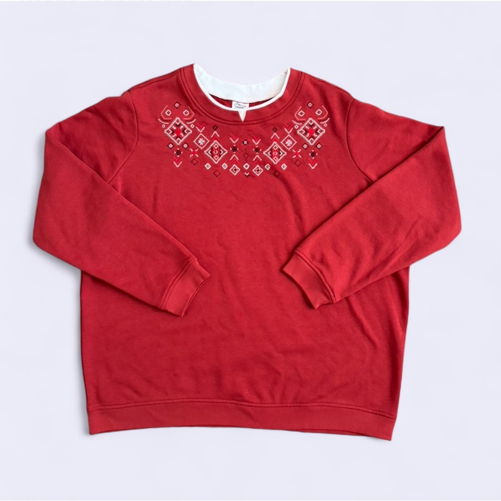 Vintage 90s Adrian Delafield Burnt Orange Embroidered Sweatshirt White Neckline